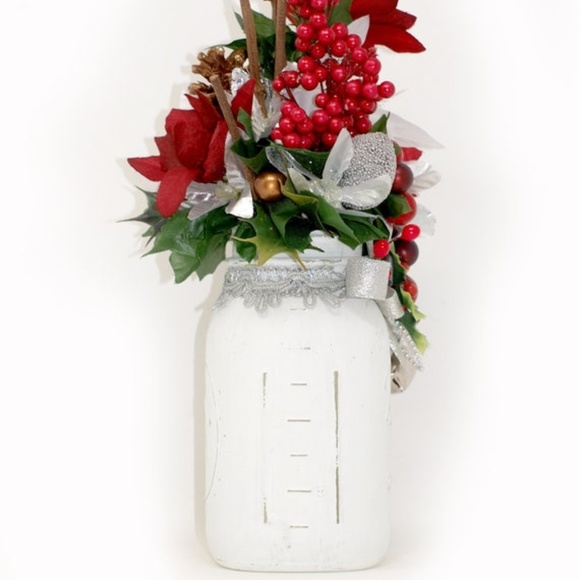 Holiday Ball Mason Jar Floral Arrangement Centerpiece, Poinsettia Flowers - Picture 4 of 10